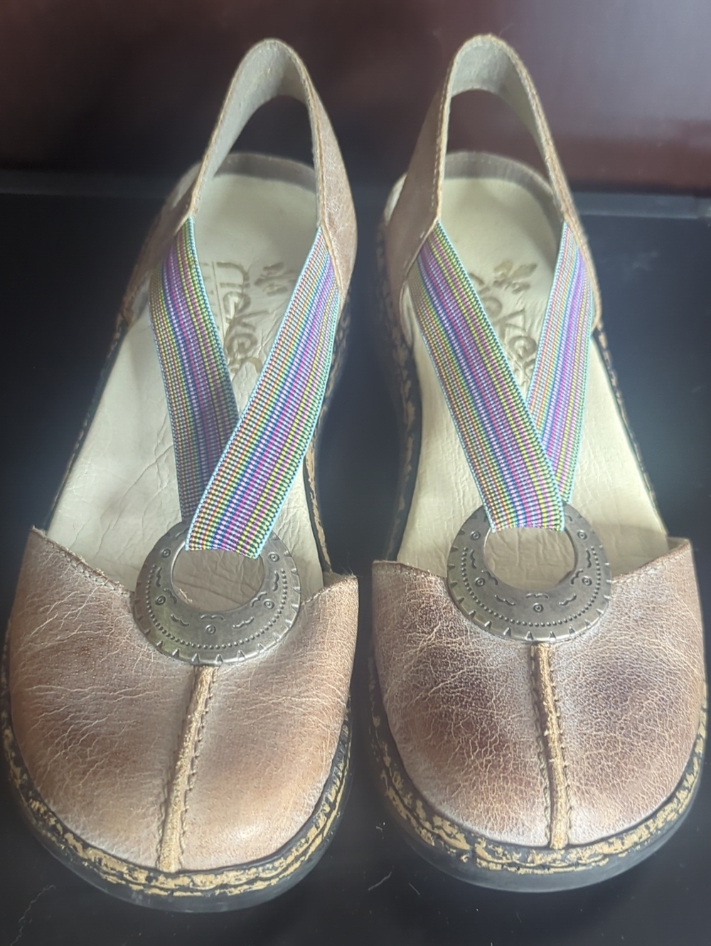 Rieker Brown Leather Slingback Sandals with Multicolor Elastic Sz 8/ Euro 38